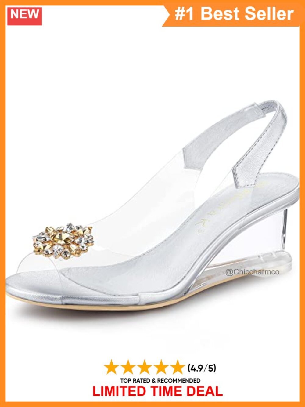 Clear Slingback Wedges Rhinestone Peep Toe Heels Faux Leather